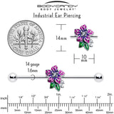 14G Clear CZ Gem Flower Purple Industrial Barbell 38mm - BodyCandy - Flyclothing LLC