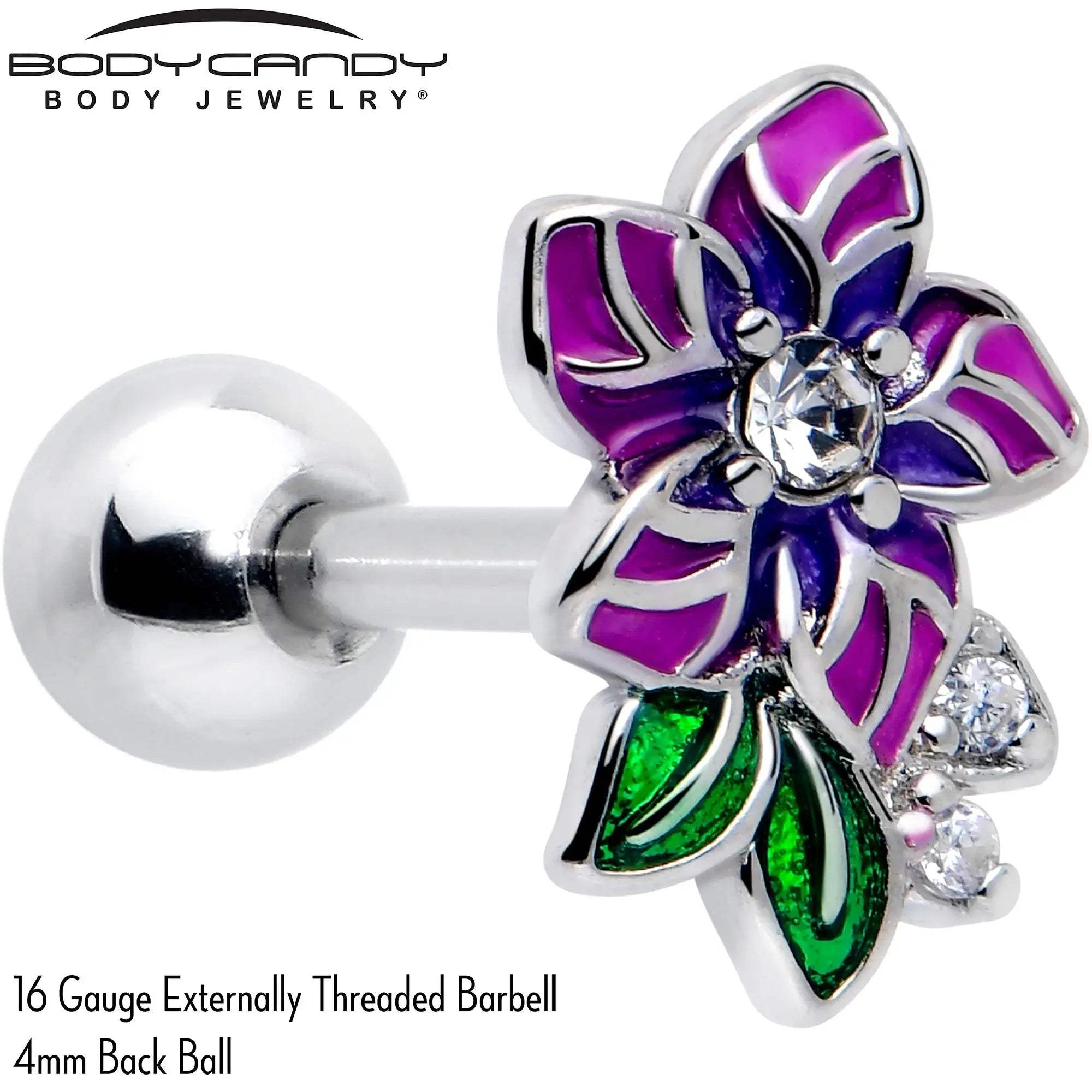 16G 1/4 Clear CZ Gem Flower Purple Cartilage Tragus Earring - BodyCandy - Flyclothing LLC