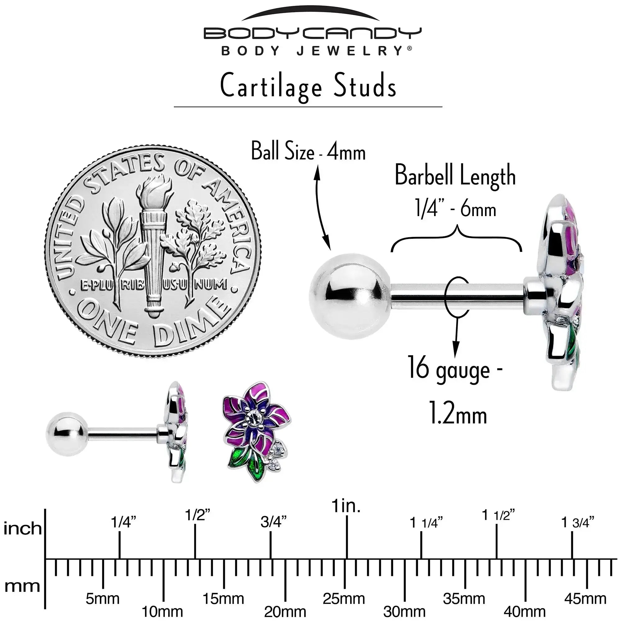 16G 1/4 Clear CZ Gem Flower Purple Cartilage Tragus Earring - BodyCandy - Flyclothing LLC
