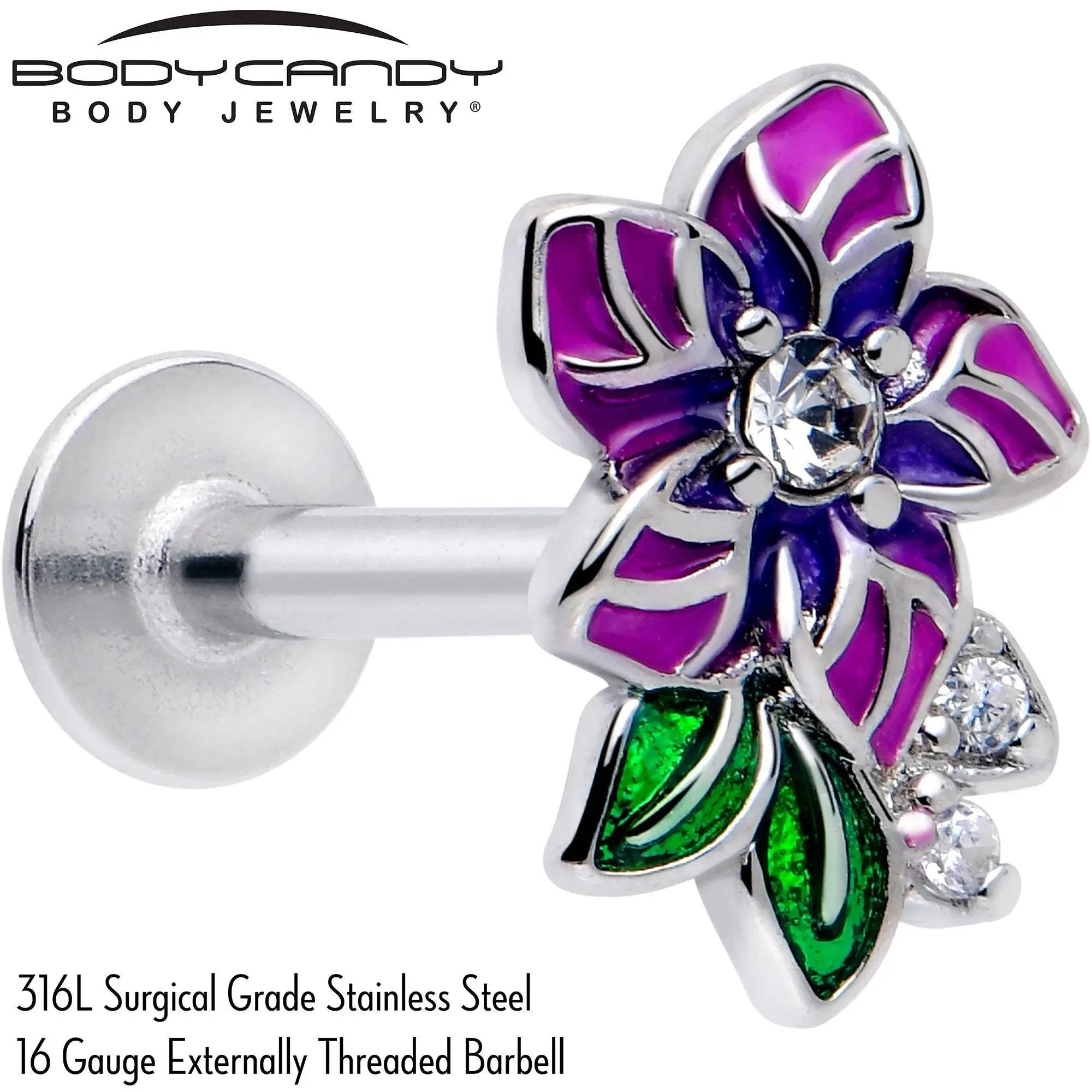 16G 5/16 Clear CZ Gem Flower Purple Flatback Stud - BodyCandy - Flyclothing LLC