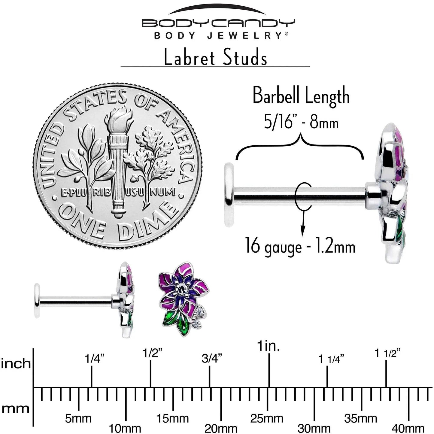16G 5/16 Clear CZ Gem Flower Purple Flatback Stud - BodyCandy - Flyclothing LLC