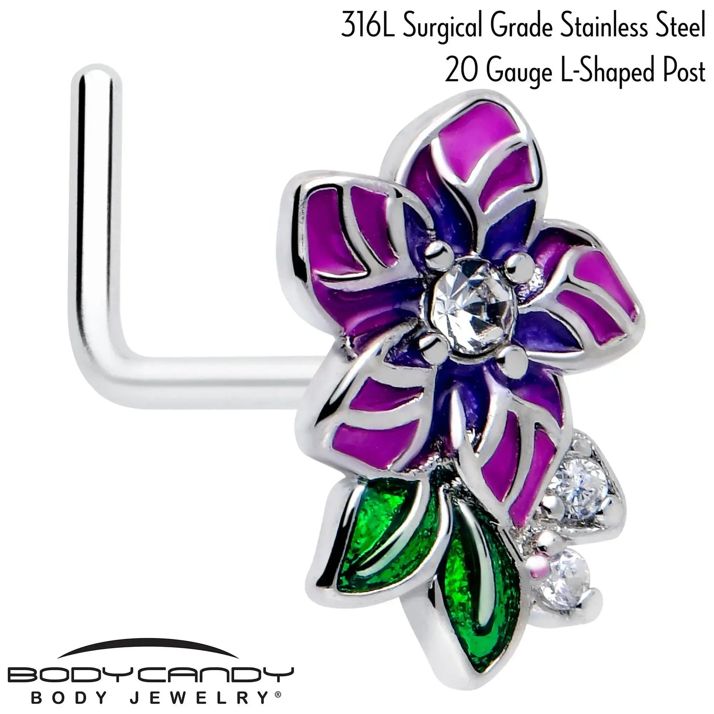 20G 7mm Clear CZ Gem Flower Purple L Shape Nose Ring - BodyCandy - Flyclothing LLC