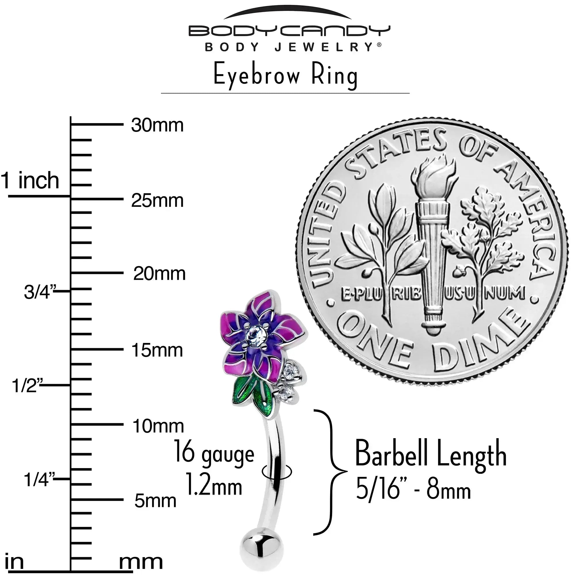 16G 5/16 Clear CZ Gem Flower Purple Curved Eyebrow Ring - BodyCandy - Flyclothing LLC