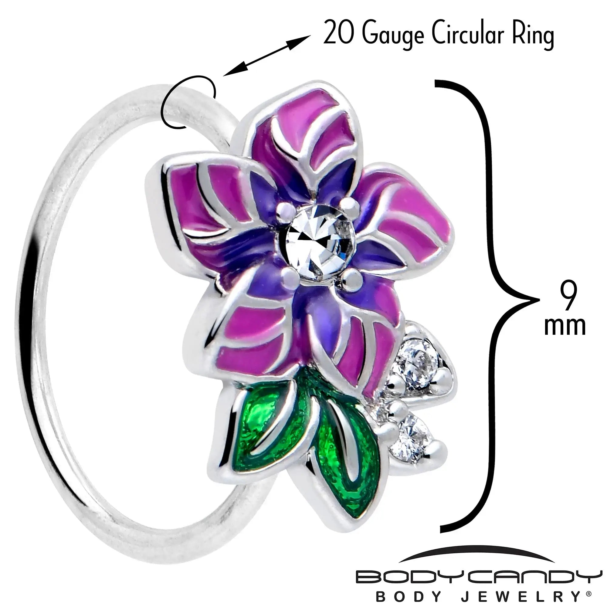 20G 5/16 Clear CZ Gem Flower Purple Nose Hoop - BodyCandy - Flyclothing LLC