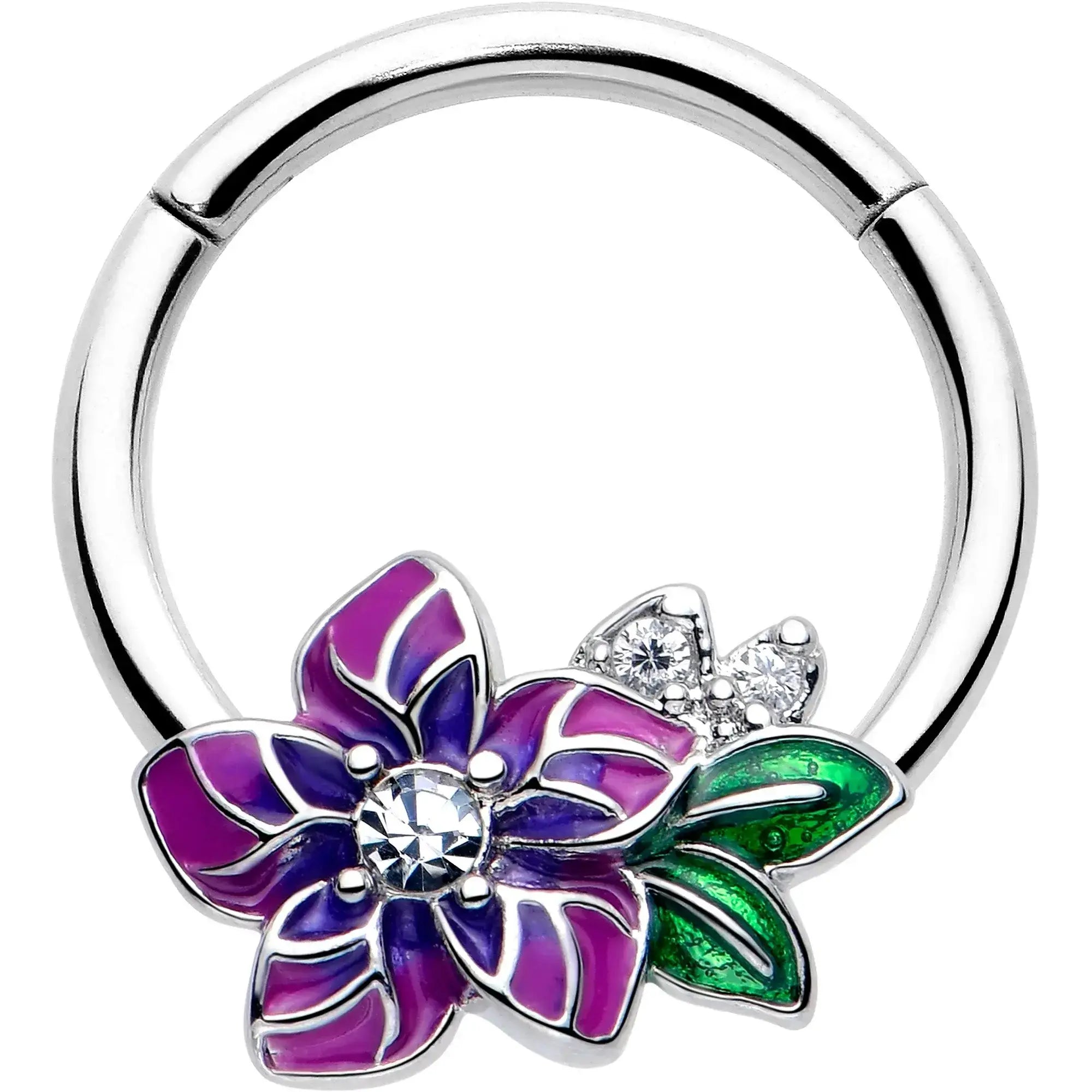 16G 3/8 Clear CZ Gem Flower Purple Hinged Segment Ring - BodyCandy - Flyclothing LLC
