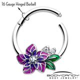 16G 3/8 Clear CZ Gem Flower Purple Hinged Segment Ring - BodyCandy - Flyclothing LLC