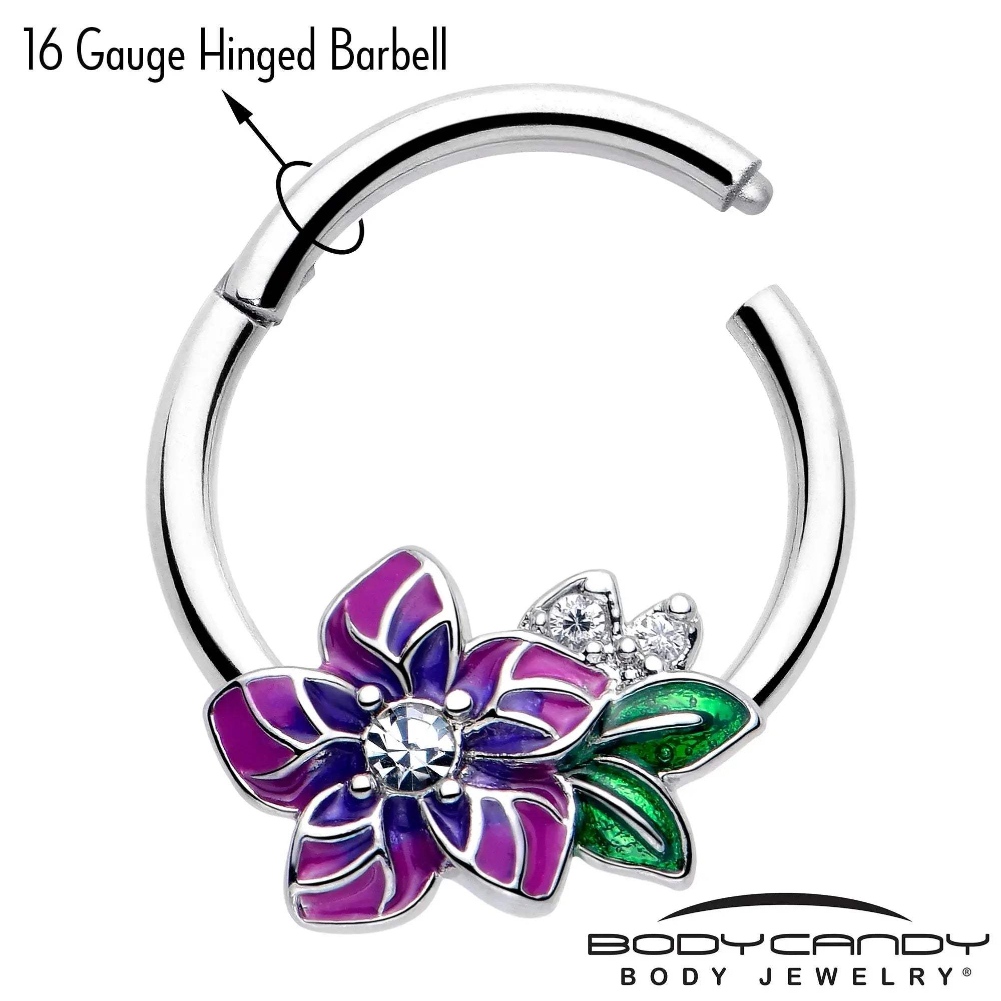 16G 3/8 Clear CZ Gem Flower Purple Hinged Segment Ring - BodyCandy - Flyclothing LLC