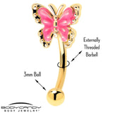 16G 5/16 Gold Tone Butterfly Pink Splash Curved Eyebrow Ring - BodyCandy - Flyclothing LLC
