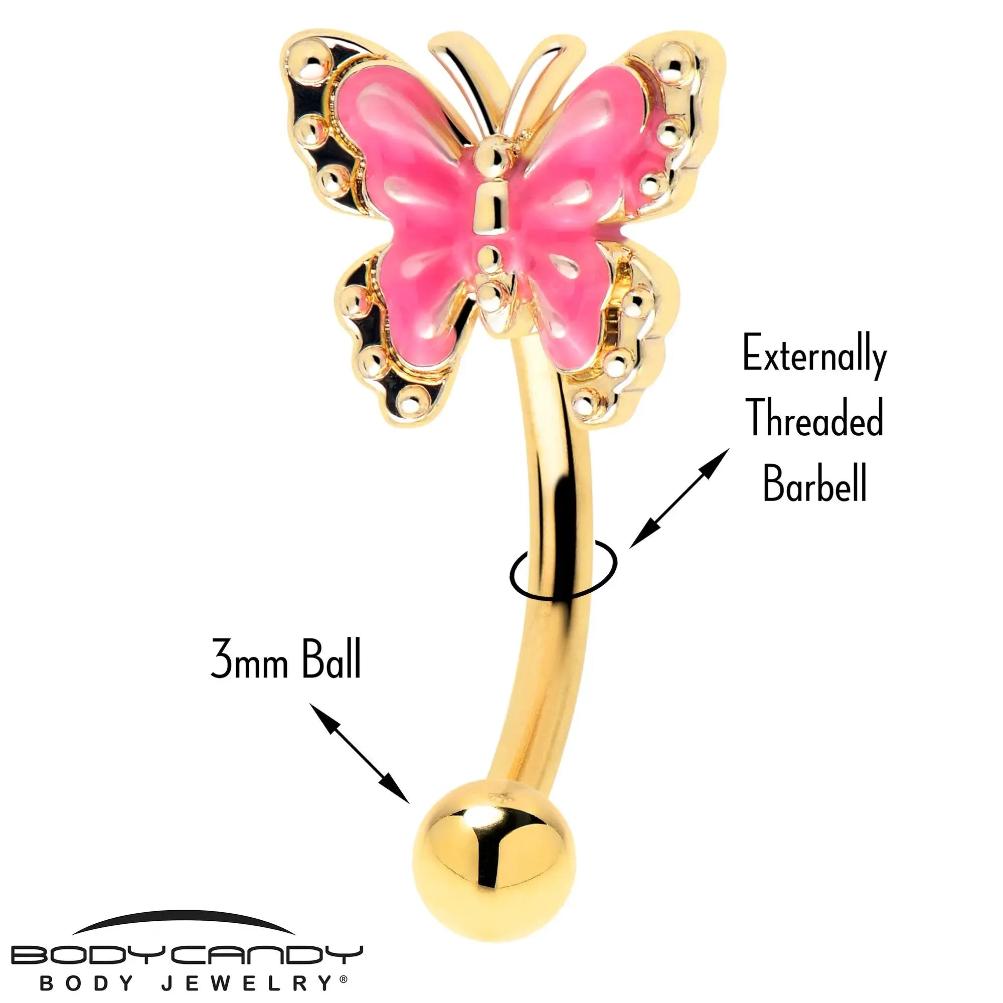 16G 5/16 Gold Tone Butterfly Pink Splash Curved Eyebrow Ring - BodyCandy - Flyclothing LLC