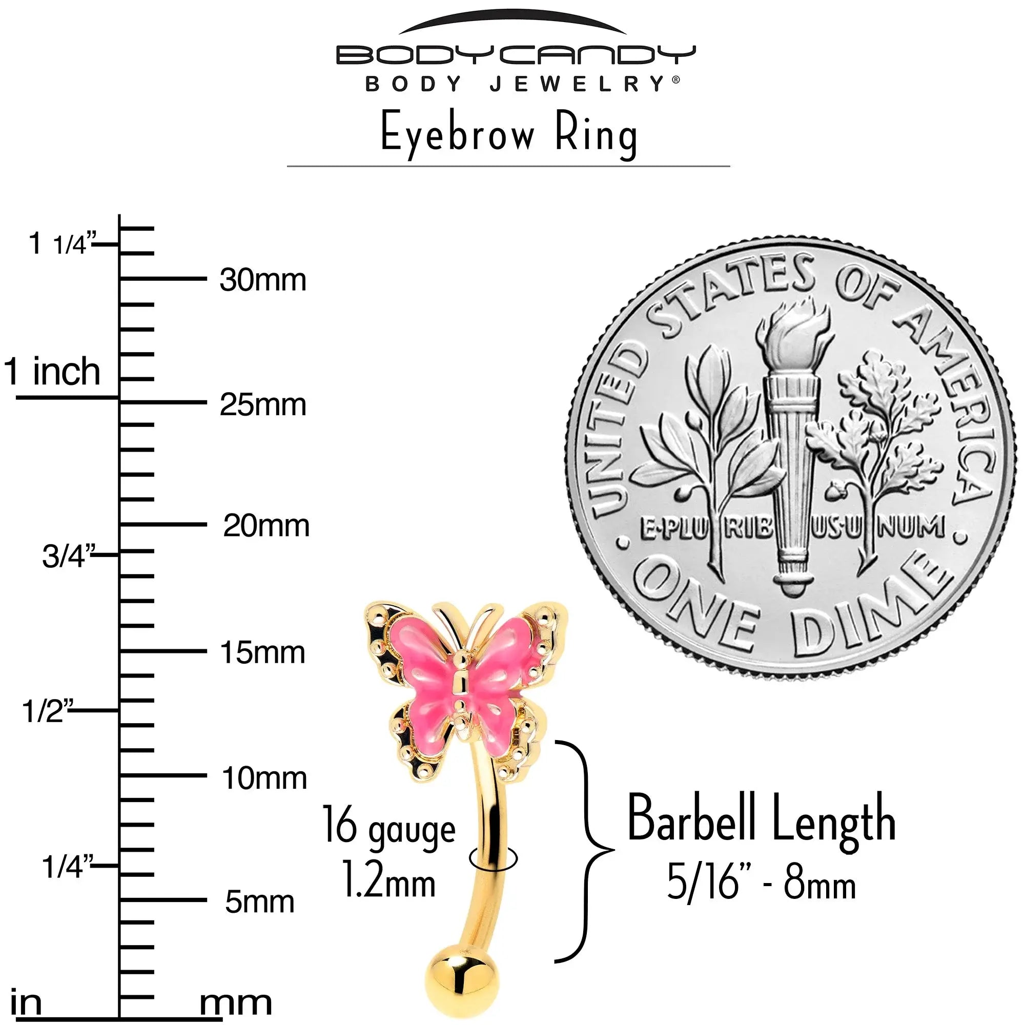 16G 5/16 Gold Tone Butterfly Pink Splash Curved Eyebrow Ring - BodyCandy - Flyclothing LLC