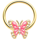 16G 3/8 Gold Tone Butterfly Pink Splash BCR Captive Charm Ring - BodyCandy - Flyclothing LLC