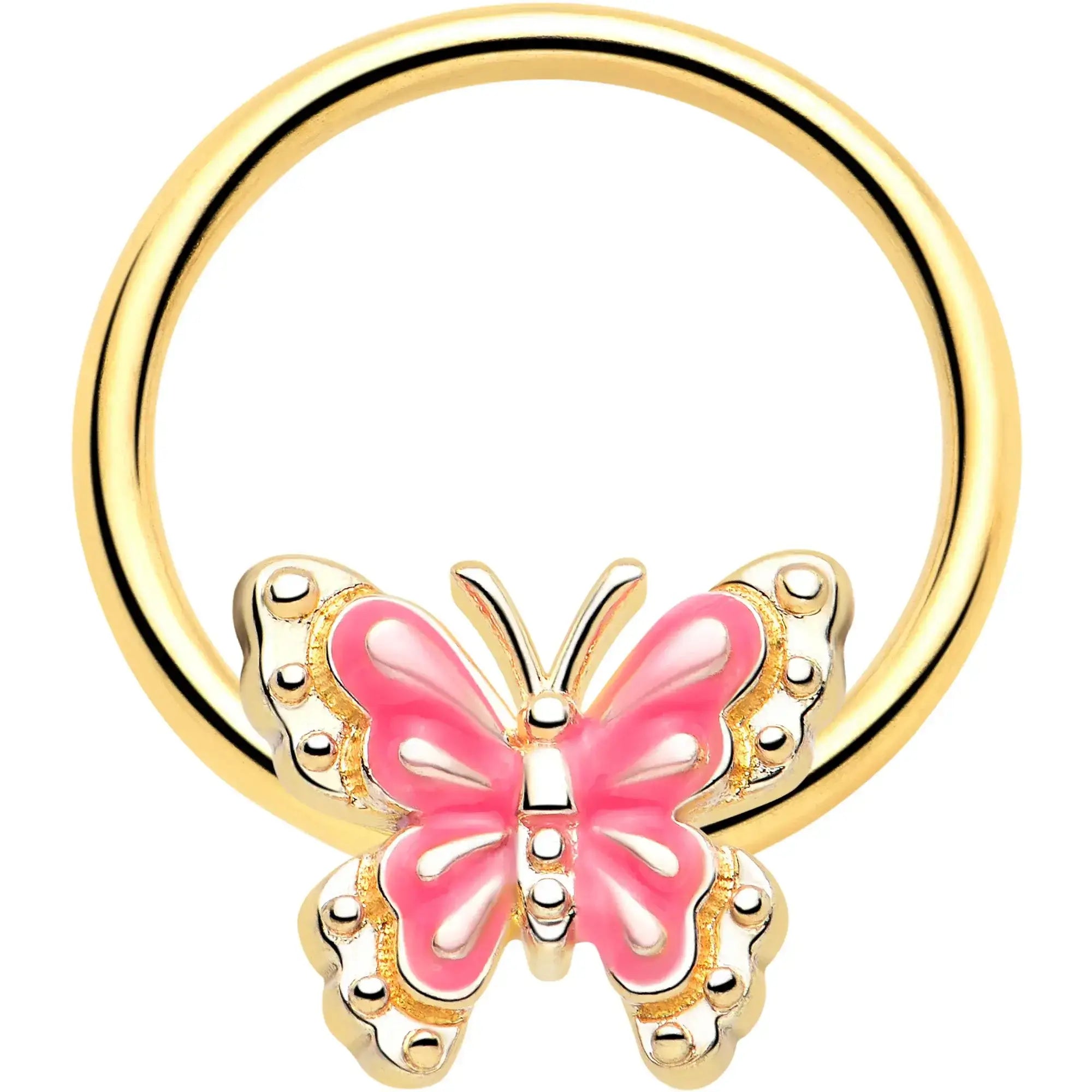 16G 3/8 Gold Tone Butterfly Pink Splash BCR Captive Charm Ring - BodyCandy - Flyclothing LLC