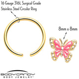 16G 3/8 Gold Tone Butterfly Pink Splash BCR Captive Charm Ring - BodyCandy - Flyclothing LLC