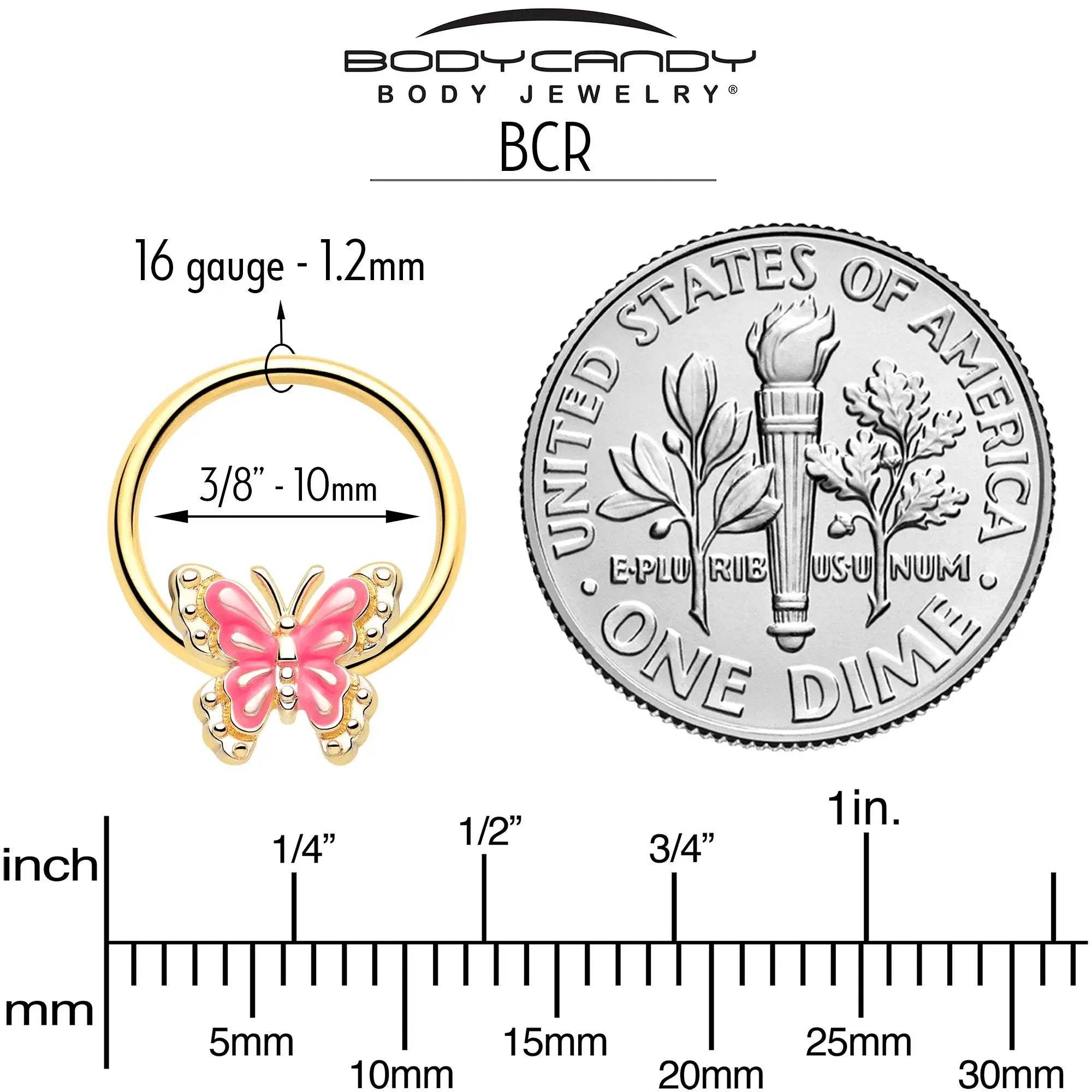 16G 3/8 Gold Tone Butterfly Pink Splash BCR Captive Charm Ring - BodyCandy - Flyclothing LLC