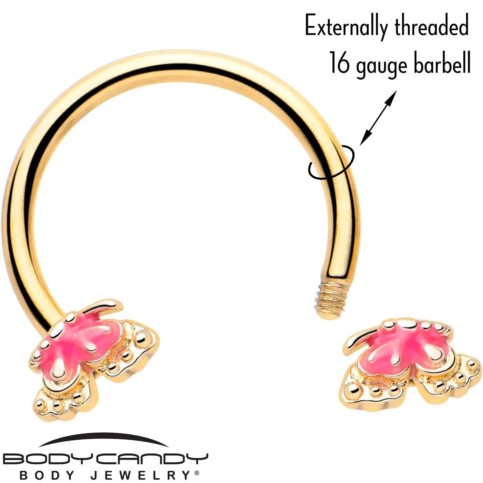 16G 3/8 Gold Tone Butterfly Pink Splash Horseshoe Circular Barbell - BodyCandy - Flyclothing LLC