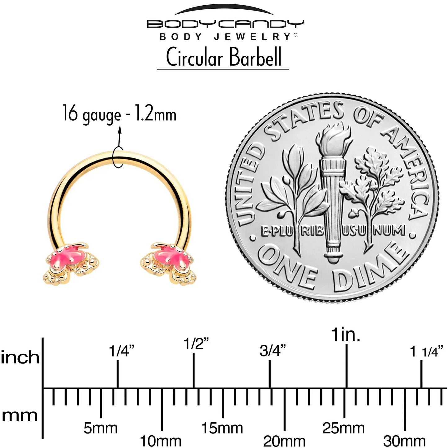 16G 3/8 Gold Tone Butterfly Pink Splash Horseshoe Circular Barbell - BodyCandy - Flyclothing LLC
