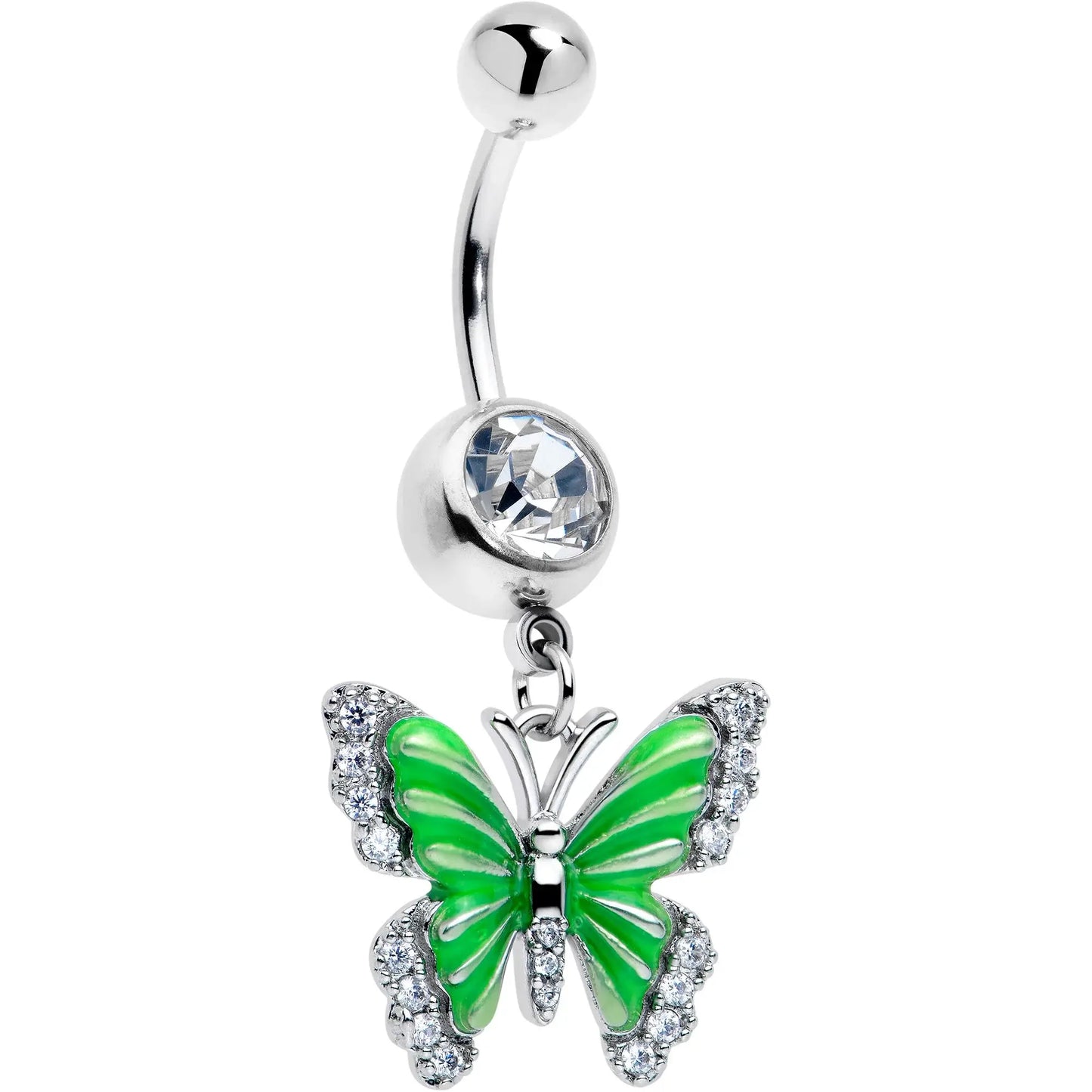 Clear CZ Gem Butterfly Green Dangle Belly Ring - BodyCandy - Flyclothing LLC