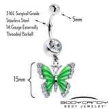 Clear CZ Gem Butterfly Green Dangle Belly Ring - BodyCandy - Flyclothing LLC