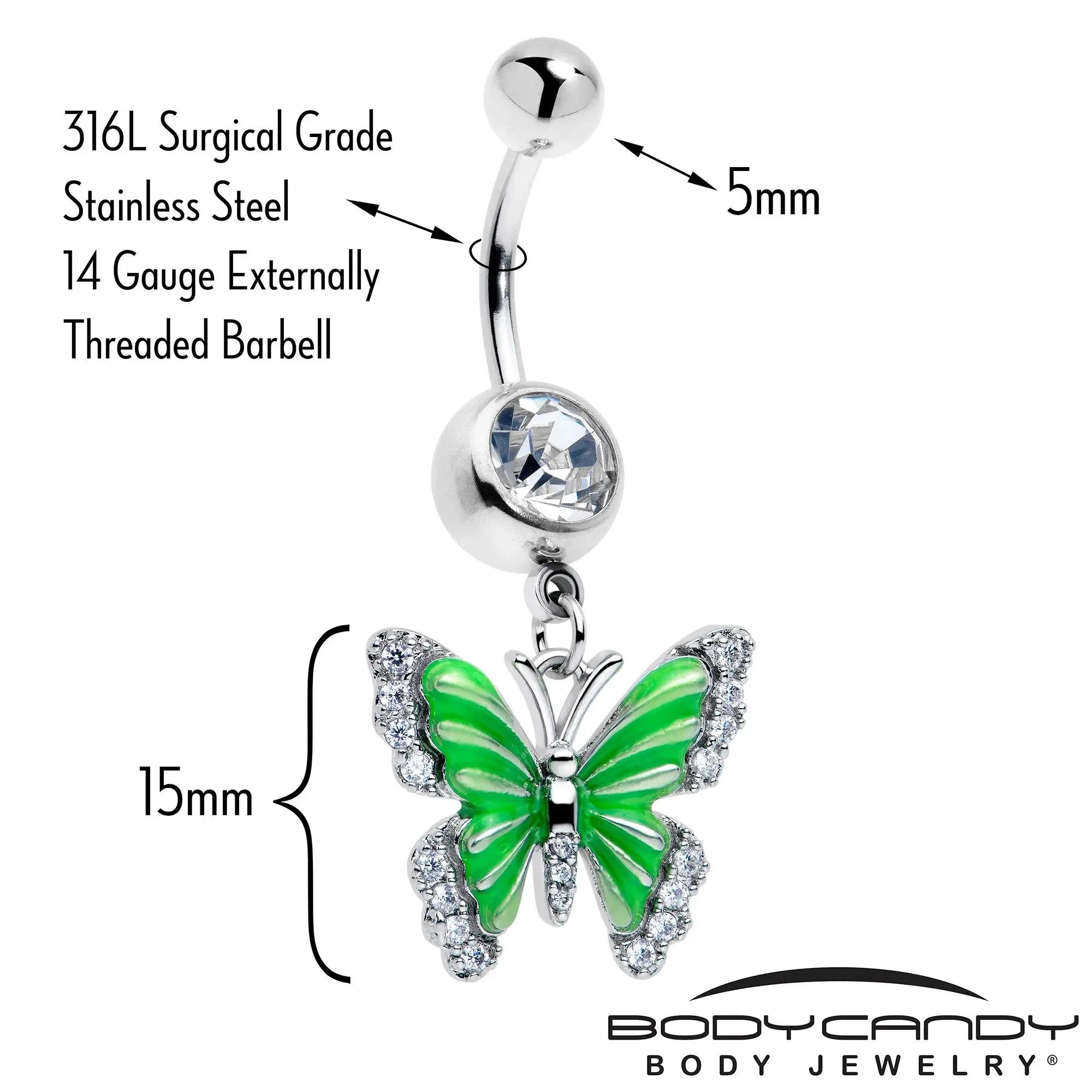 Clear CZ Gem Butterfly Green Dangle Belly Ring - BodyCandy - Flyclothing LLC