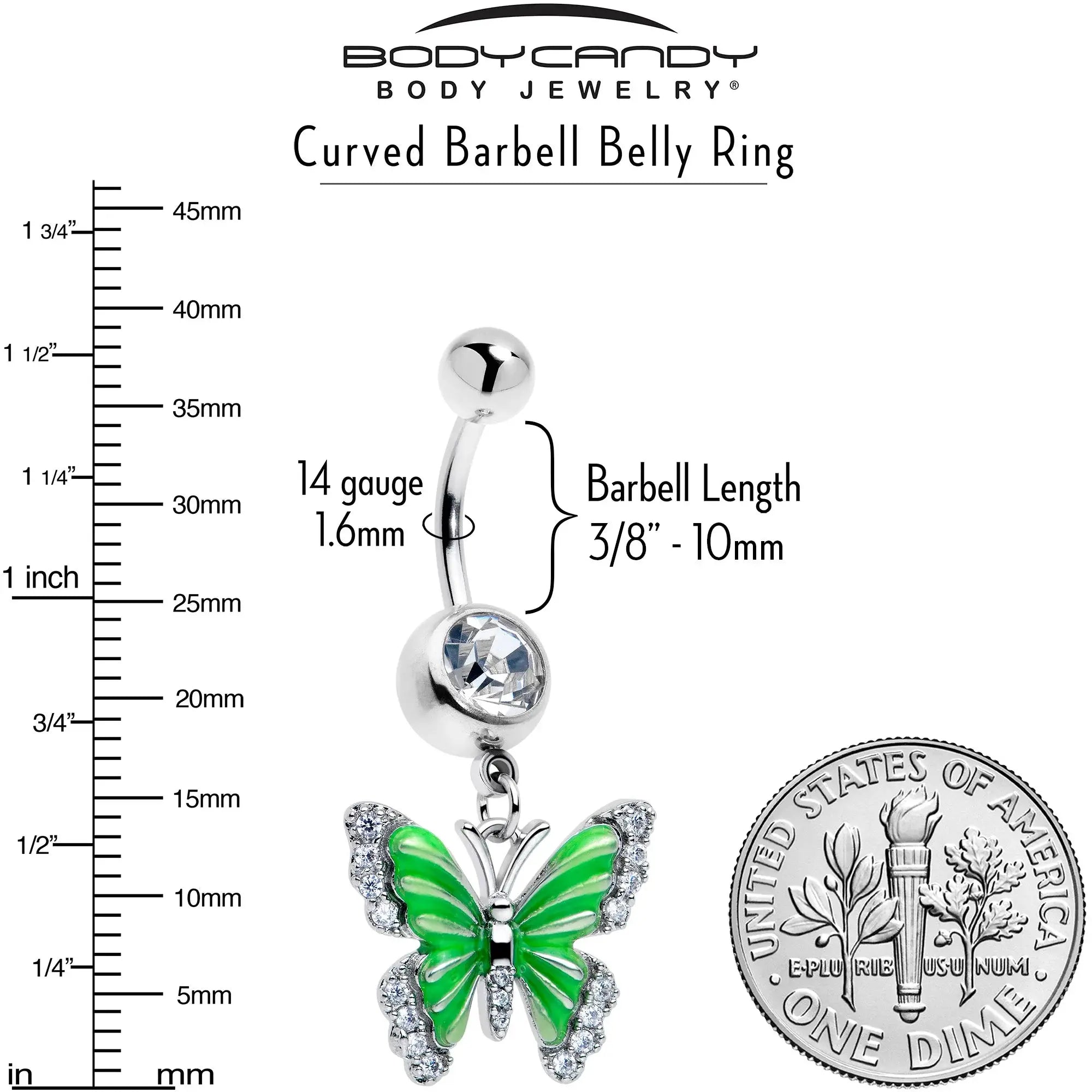 Clear CZ Gem Butterfly Green Dangle Belly Ring - BodyCandy - Flyclothing LLC