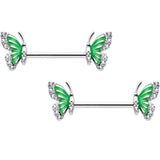 14G 9/16 Clear CZ Gem Butterfly Green Barbell Nipple Ring Set - BodyCandy - Flyclothing LLC