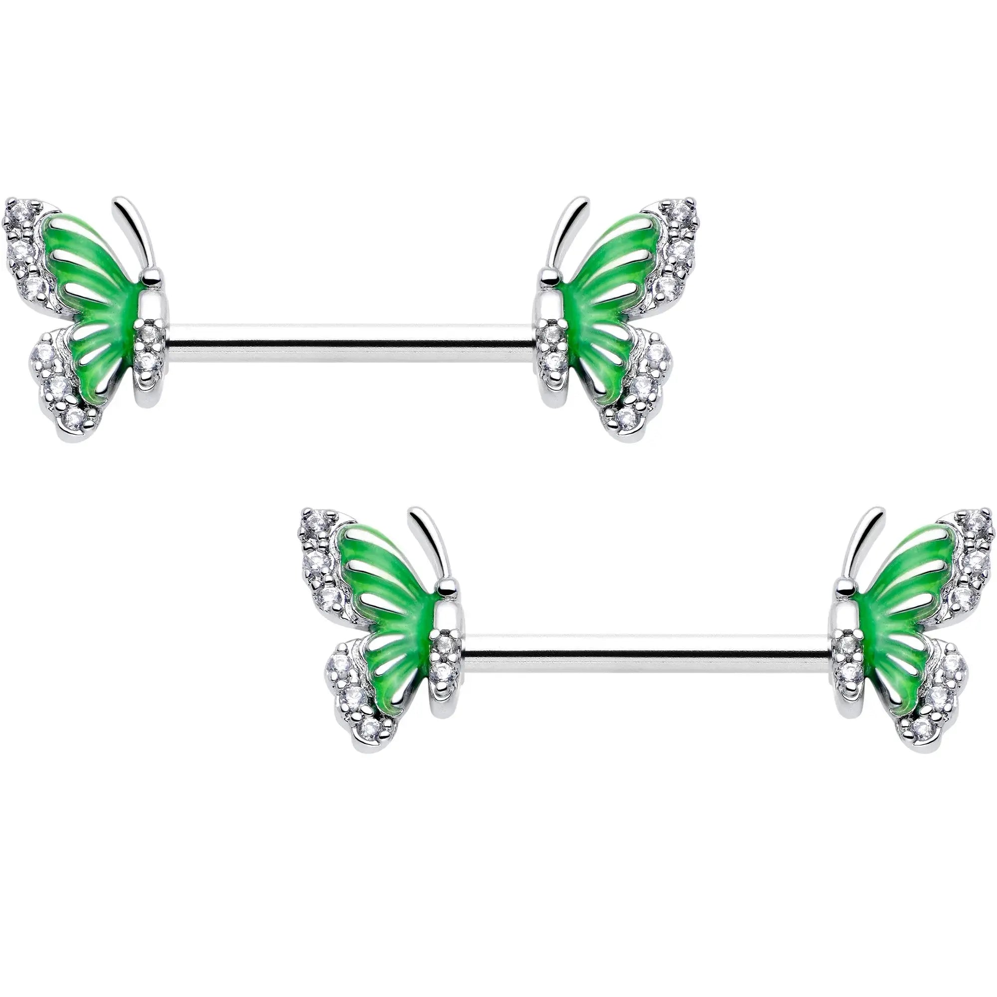 14G 9/16 Clear CZ Gem Butterfly Green Barbell Nipple Ring Set - BodyCandy - Flyclothing LLC