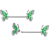 14G 9/16 Clear CZ Gem Butterfly Green Barbell Nipple Ring Set - BodyCandy - Flyclothing LLC