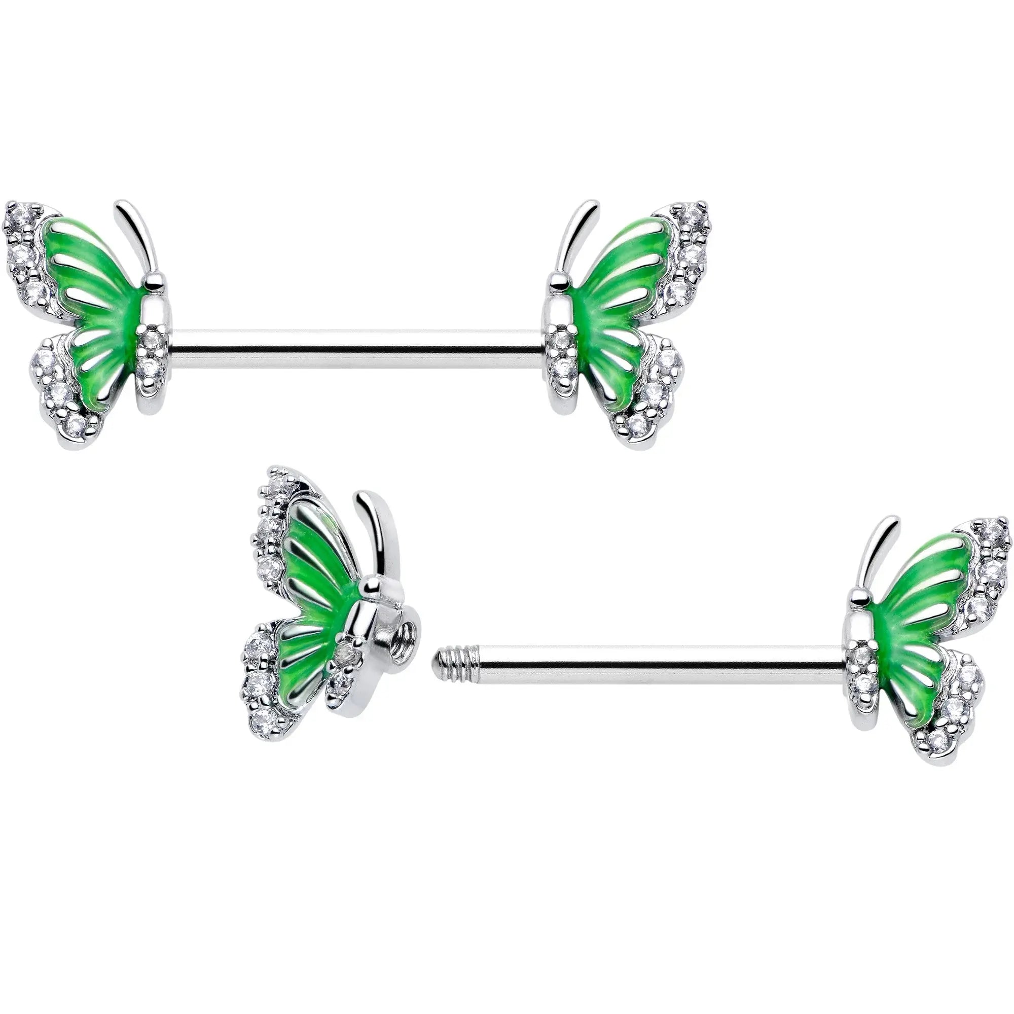 14G 9/16 Clear CZ Gem Butterfly Green Barbell Nipple Ring Set - BodyCandy - Flyclothing LLC