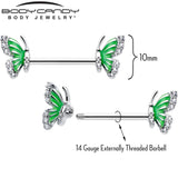 14G 9/16 Clear CZ Gem Butterfly Green Barbell Nipple Ring Set - BodyCandy - Flyclothing LLC