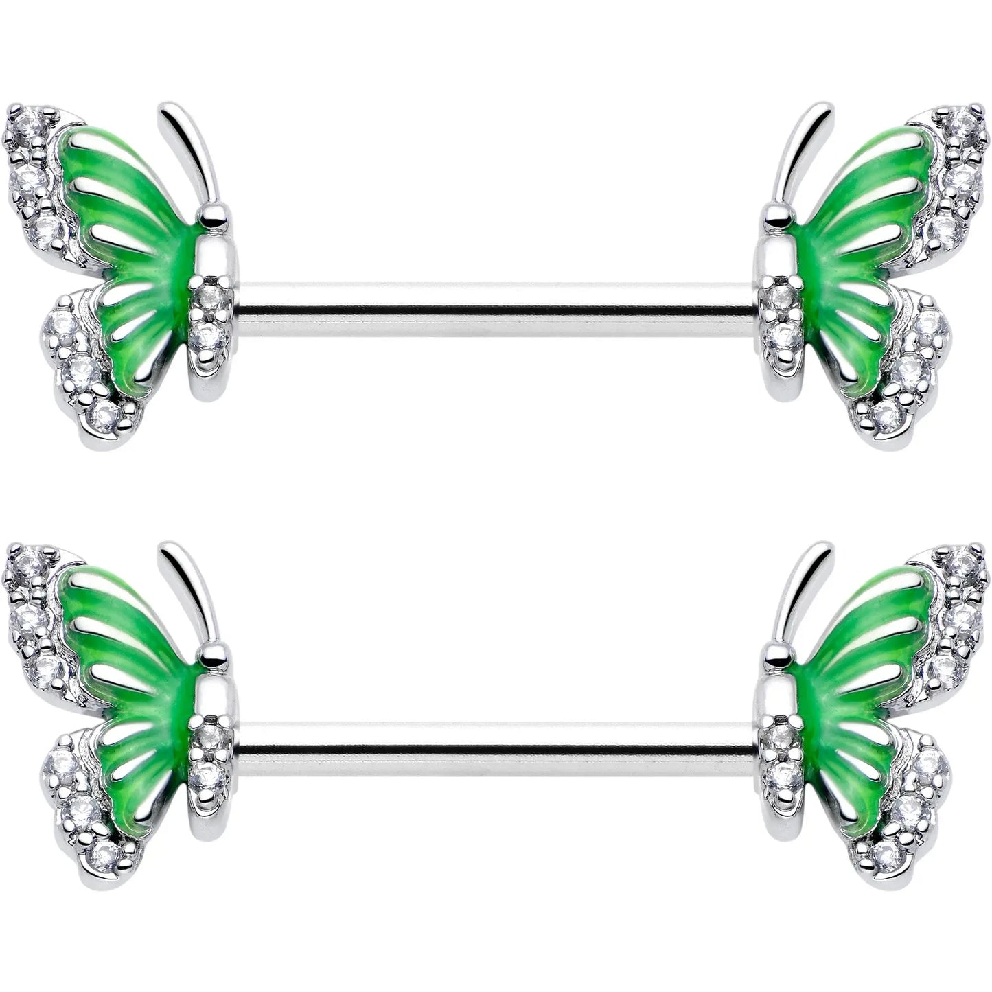 14G 9/16 Clear CZ Gem Butterfly Green Barbell Nipple Ring Set - BodyCandy - Flyclothing LLC
