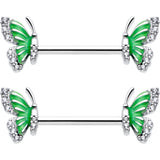 14G 9/16 Clear CZ Gem Butterfly Green Barbell Nipple Ring Set - BodyCandy - Flyclothing LLC
