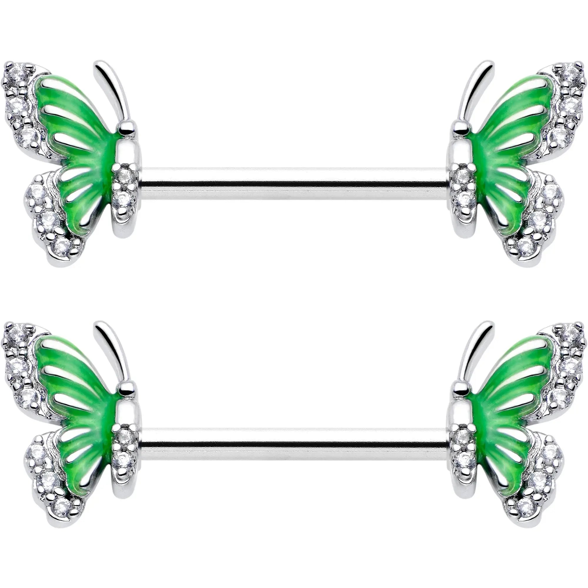 14G 9/16 Clear CZ Gem Butterfly Green Barbell Nipple Ring Set - BodyCandy - Flyclothing LLC