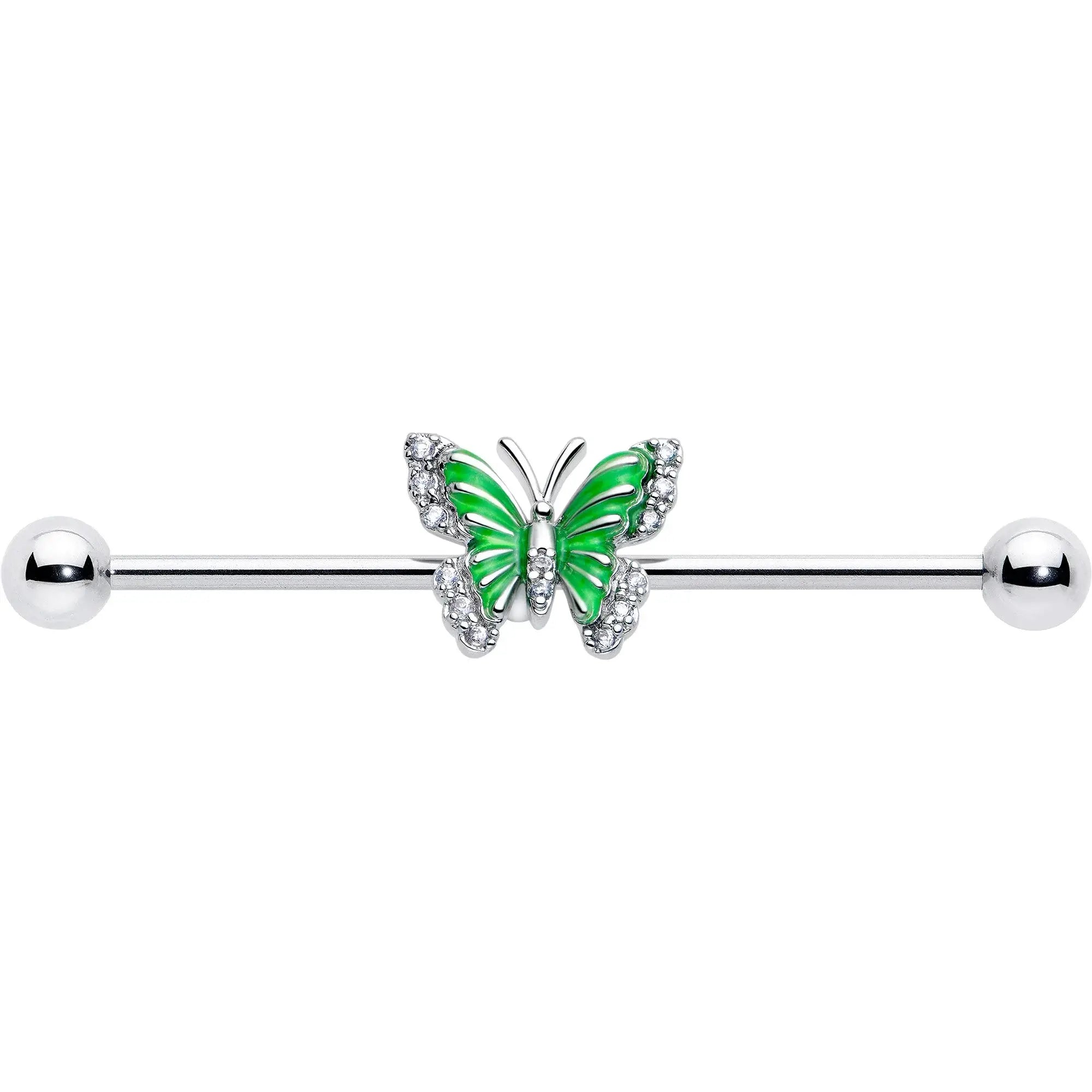 14G Clear CZ Gem Butterfly Green Industrial Barbell 38mm - BodyCandy - Flyclothing LLC