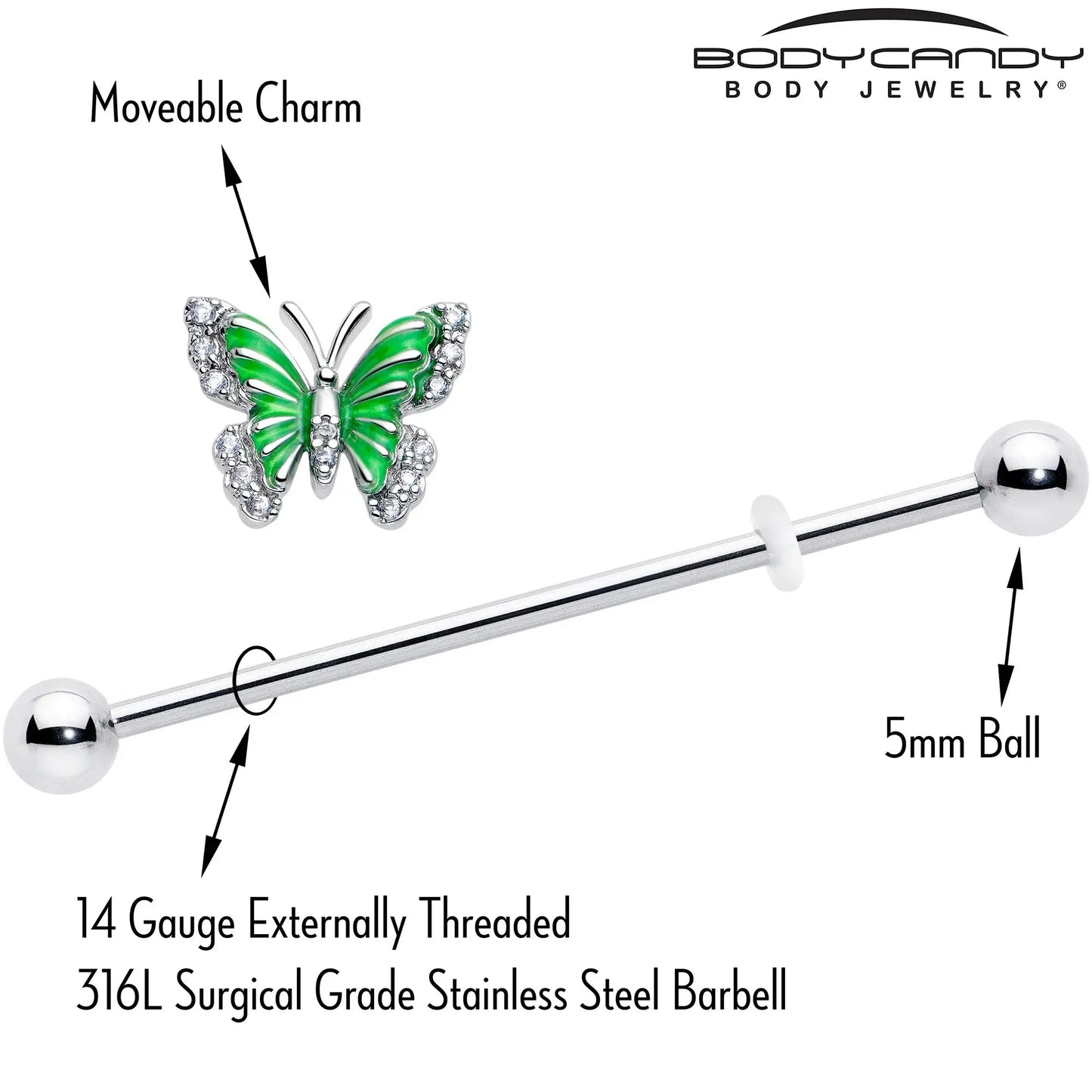 14G Clear CZ Gem Butterfly Green Industrial Barbell 38mm - BodyCandy - Flyclothing LLC