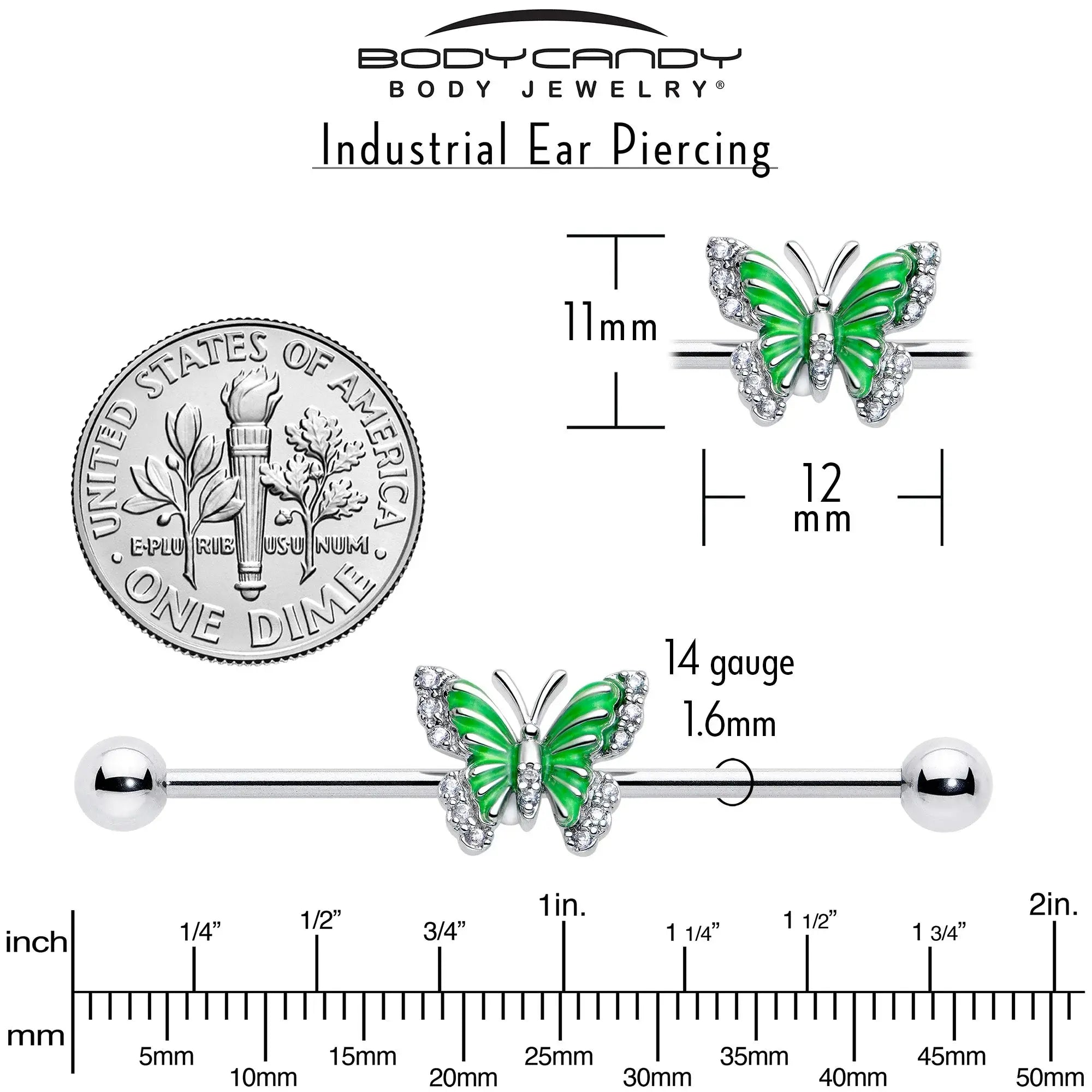 14G Clear CZ Gem Butterfly Green Industrial Barbell 38mm - BodyCandy - Flyclothing LLC