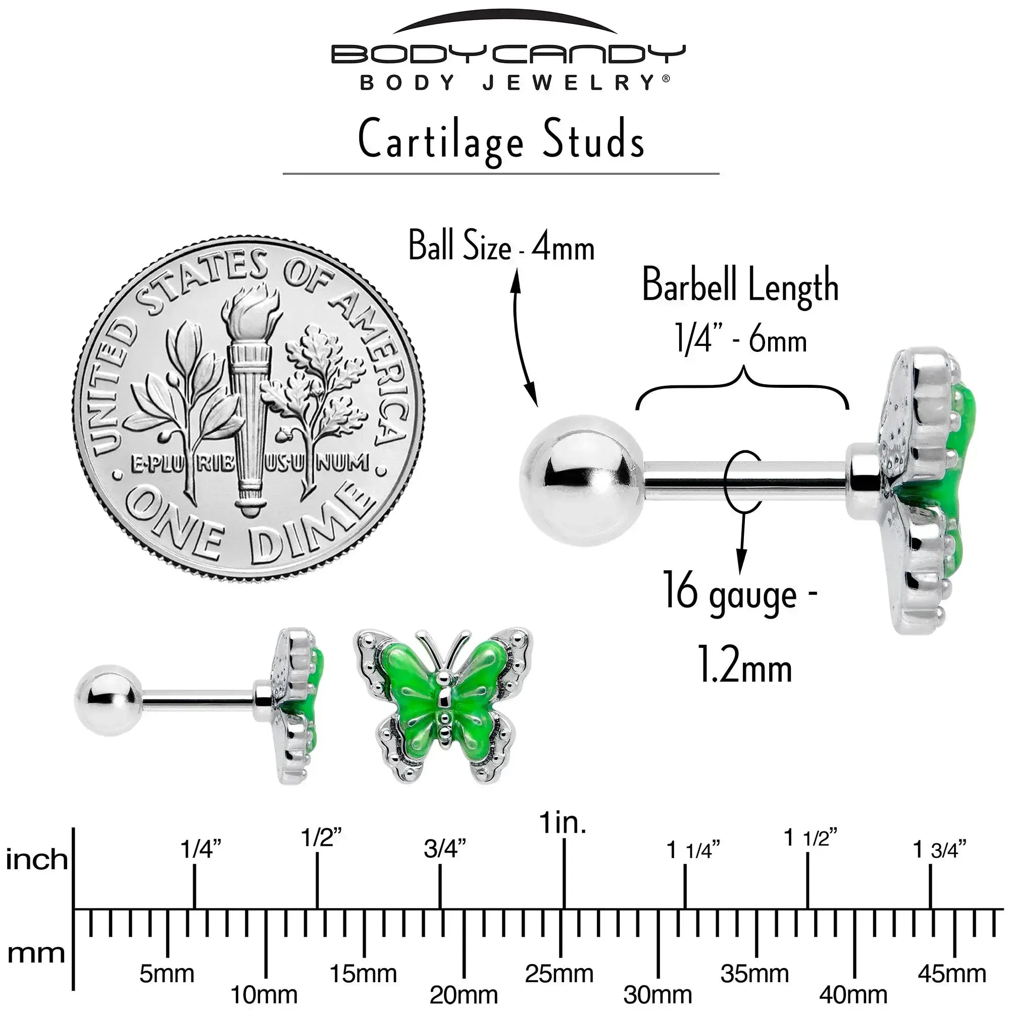 16G 1/4 Butterfly Green Splash Cartilage Tragus Earring - BodyCandy - Flyclothing LLC