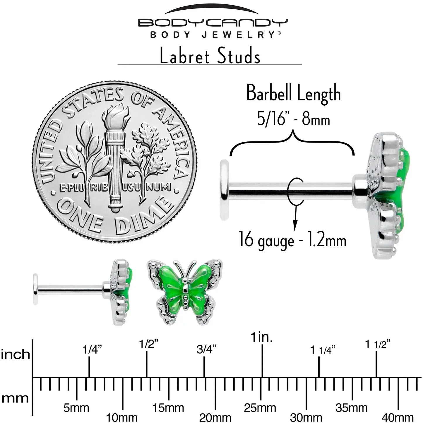 16G 5/16 Butterfly Green Splash Labret Monroe Tragus - BodyCandy - Flyclothing LLC