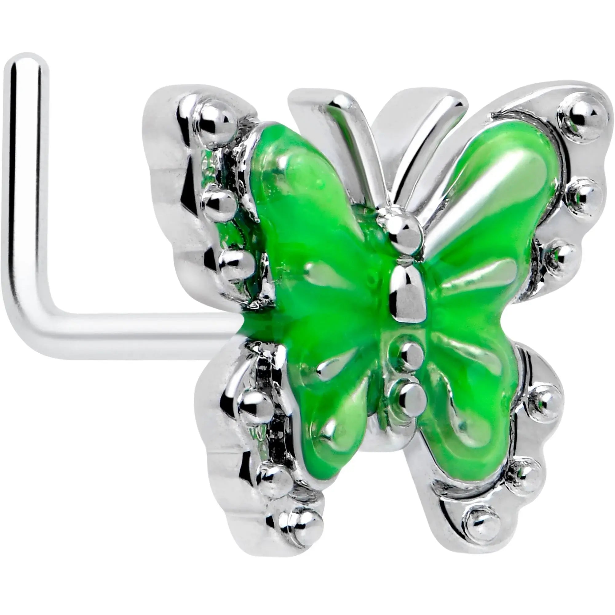 20G 7mm Butterfly Green Splash L Shape Nose Ring - BodyCandy - Flyclothing LLC