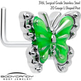 20G 7mm Butterfly Green Splash L Shape Nose Ring - BodyCandy - Flyclothing LLC