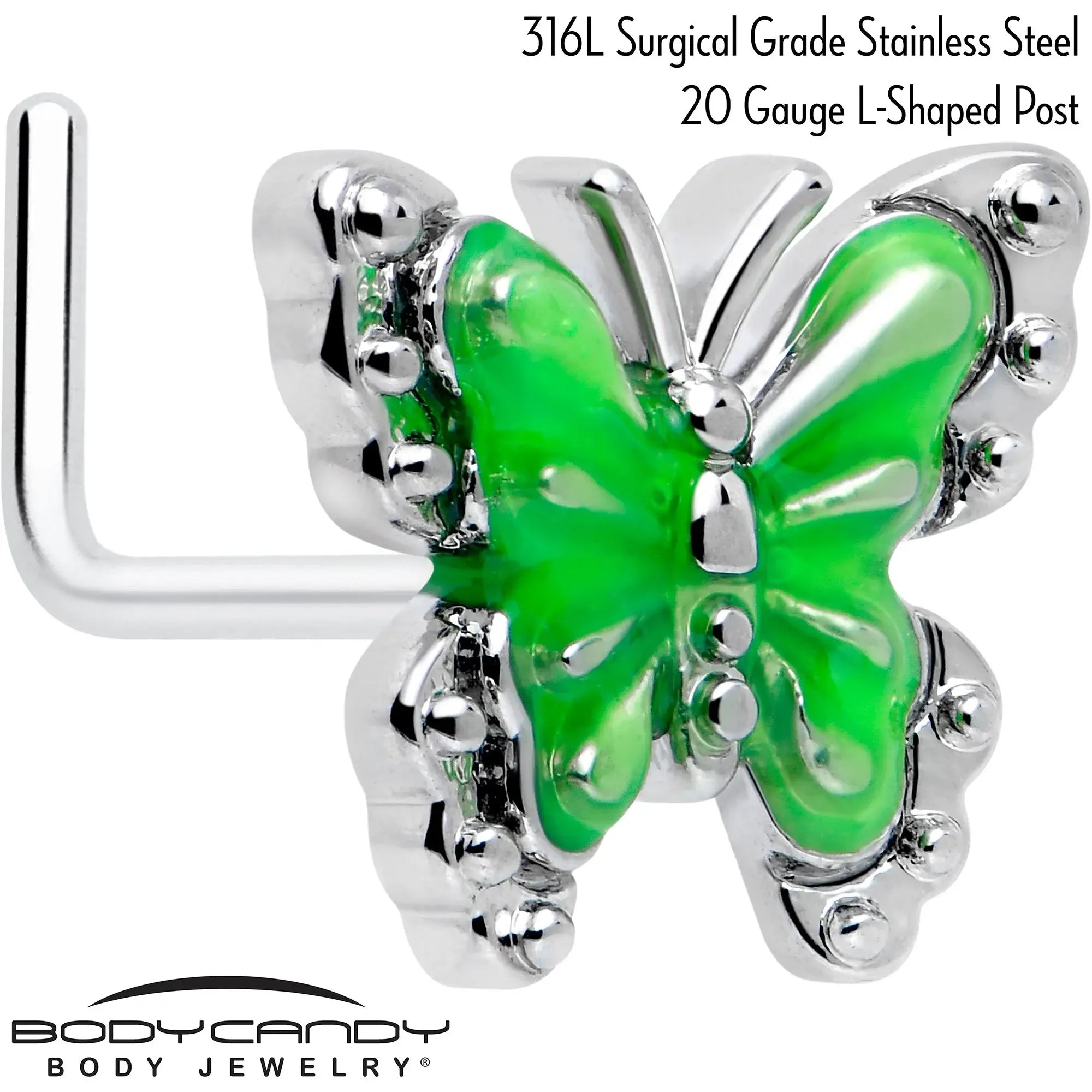 20G 7mm Butterfly Green Splash L Shape Nose Ring - BodyCandy - Flyclothing LLC