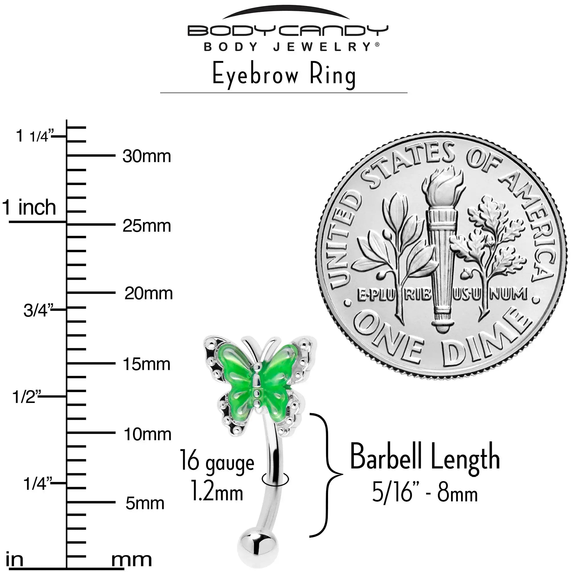 16G 5/16 Butterfly Green Splash Curved Eyebrow Ring - BodyCandy - Flyclothing LLC