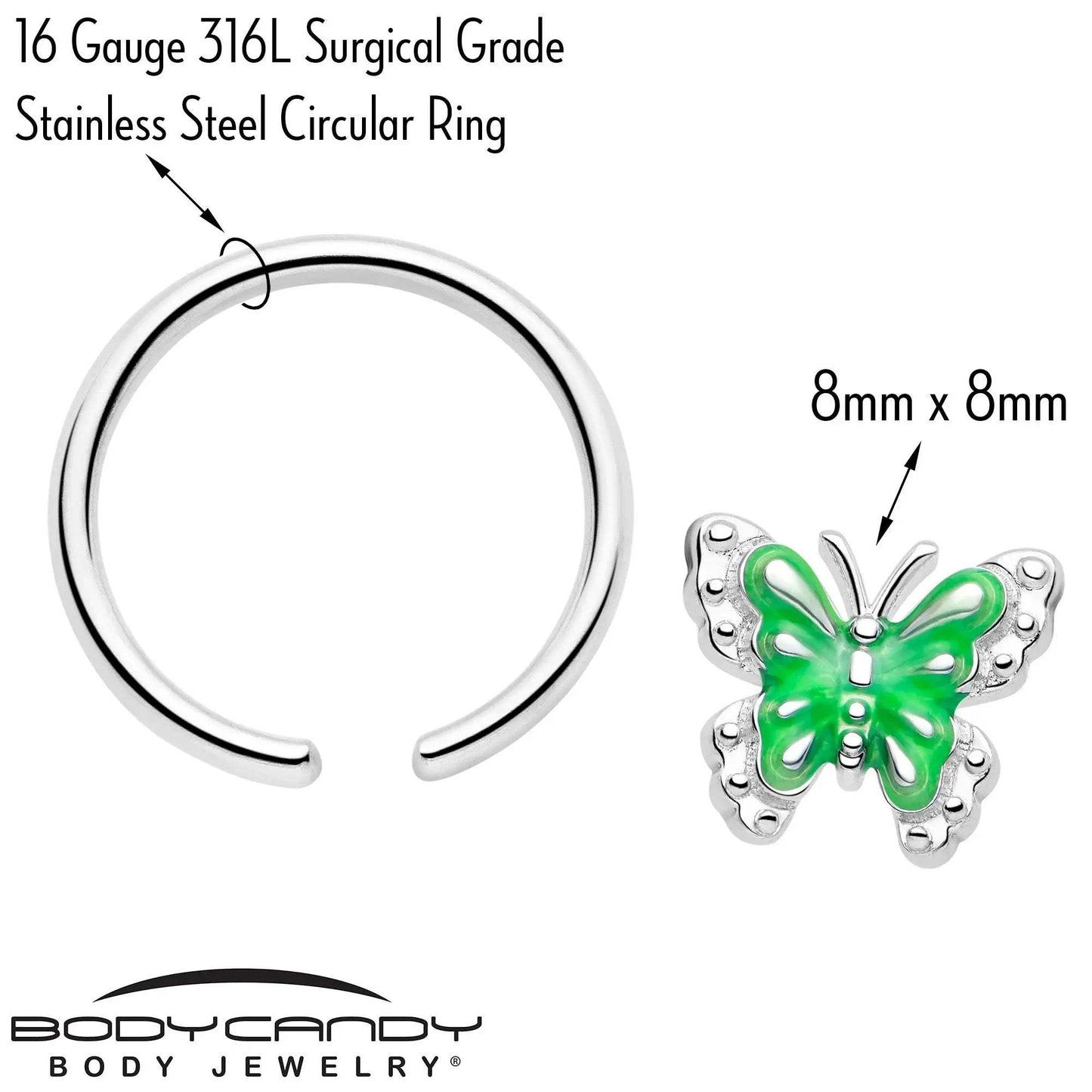 16G 3/8 Butterfly Green Splash BCR Captive Charm Ring - BodyCandy - Flyclothing LLC