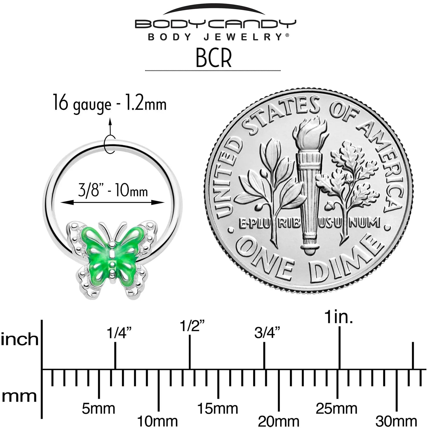 16G 3/8 Butterfly Green Splash BCR Captive Charm Ring - BodyCandy - Flyclothing LLC