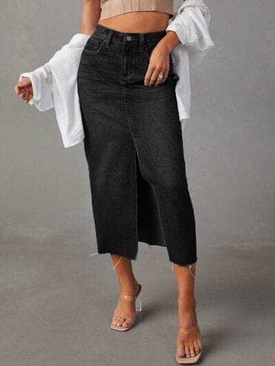 Raw Hem Front Slit Denim Midi Skirt - Trendsi - Flyclothing LLC
