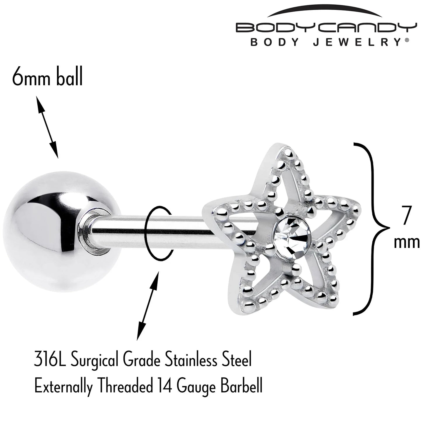 Clear Gem Star Texture Barbell Tongue Ring - BodyCandy - Flyclothing LLC