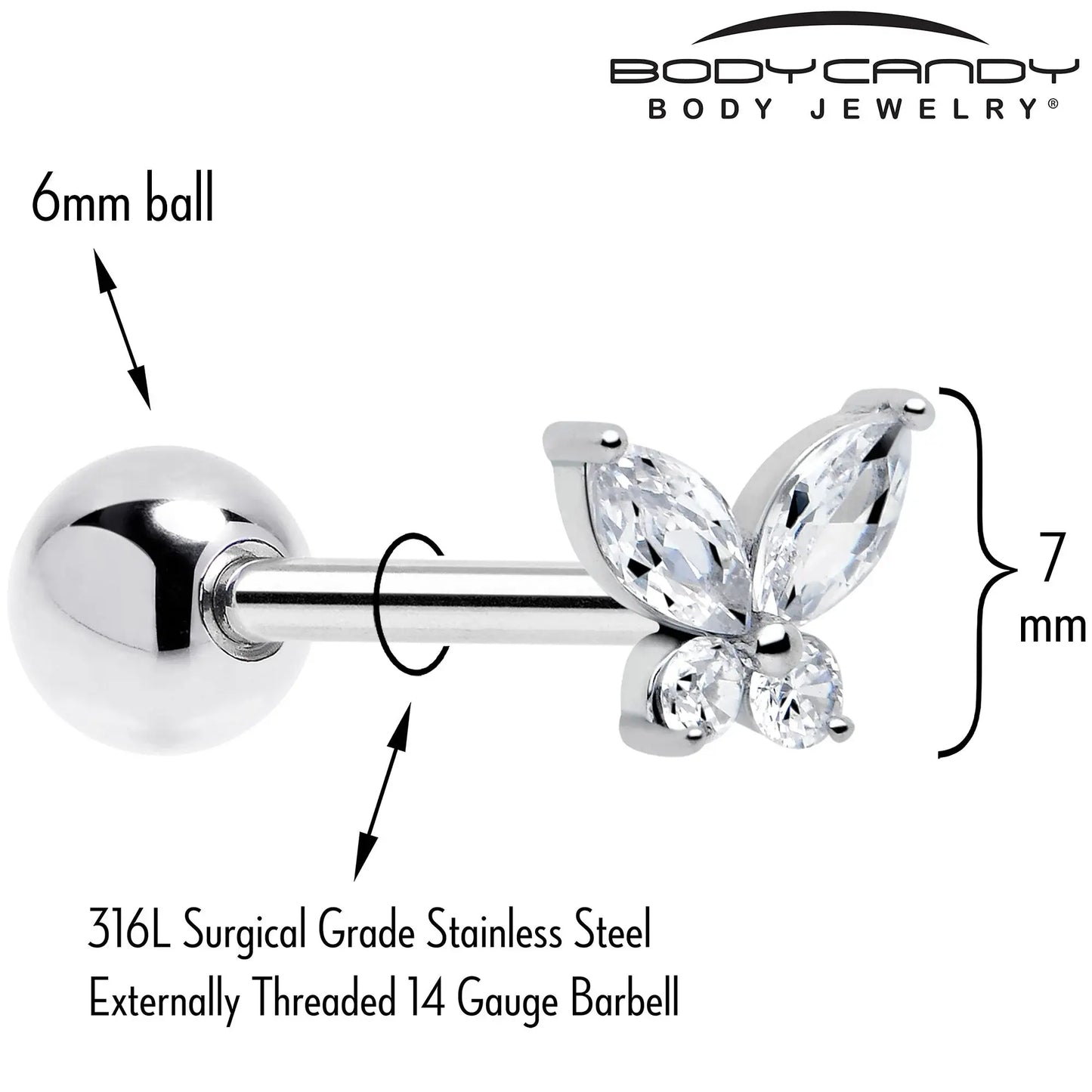 Clear CZ Gem Open Wing Butterfly Barbell Tongue Ring - BodyCandy - Flyclothing LLC