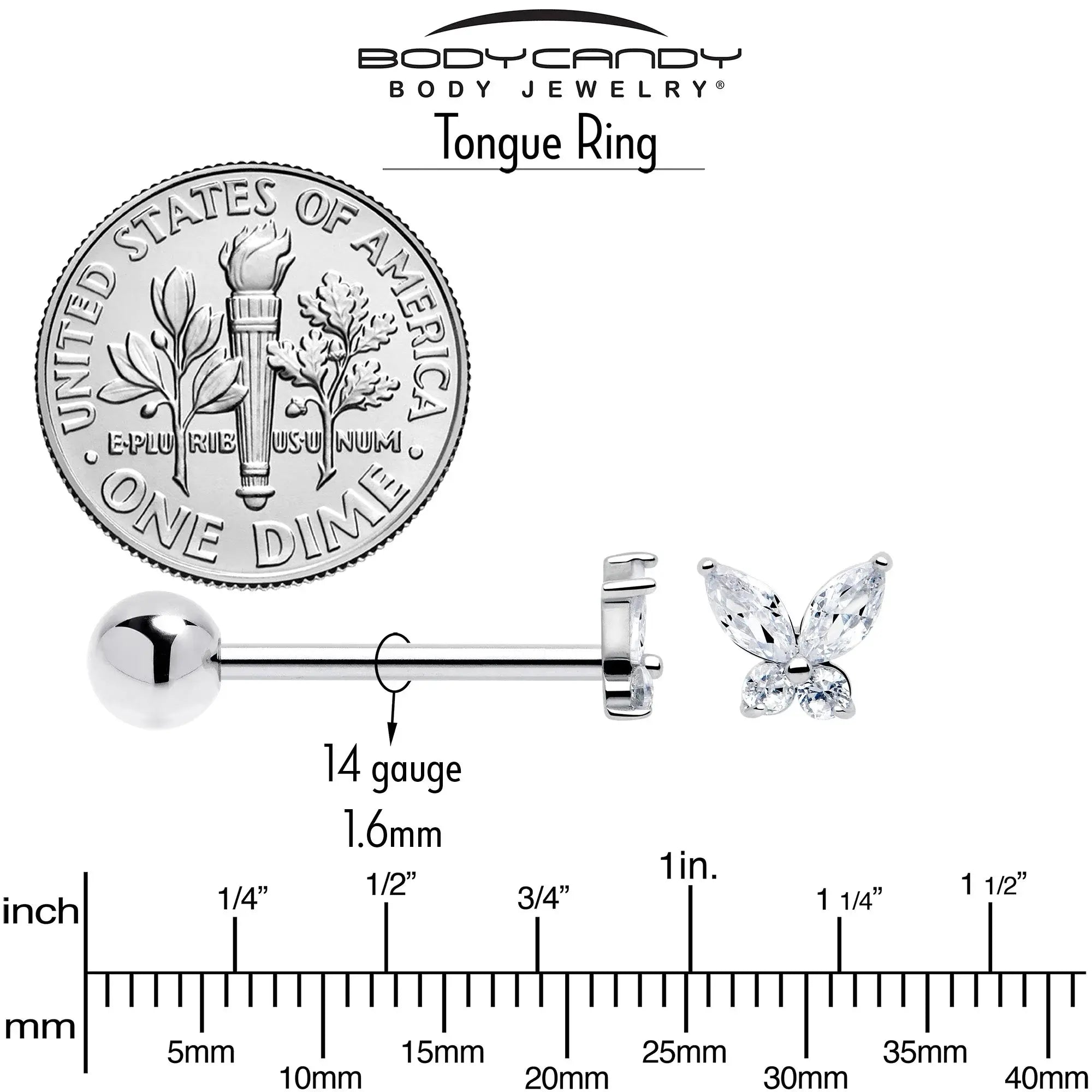 Clear CZ Gem Open Wing Butterfly Barbell Tongue Ring - BodyCandy - Flyclothing LLC