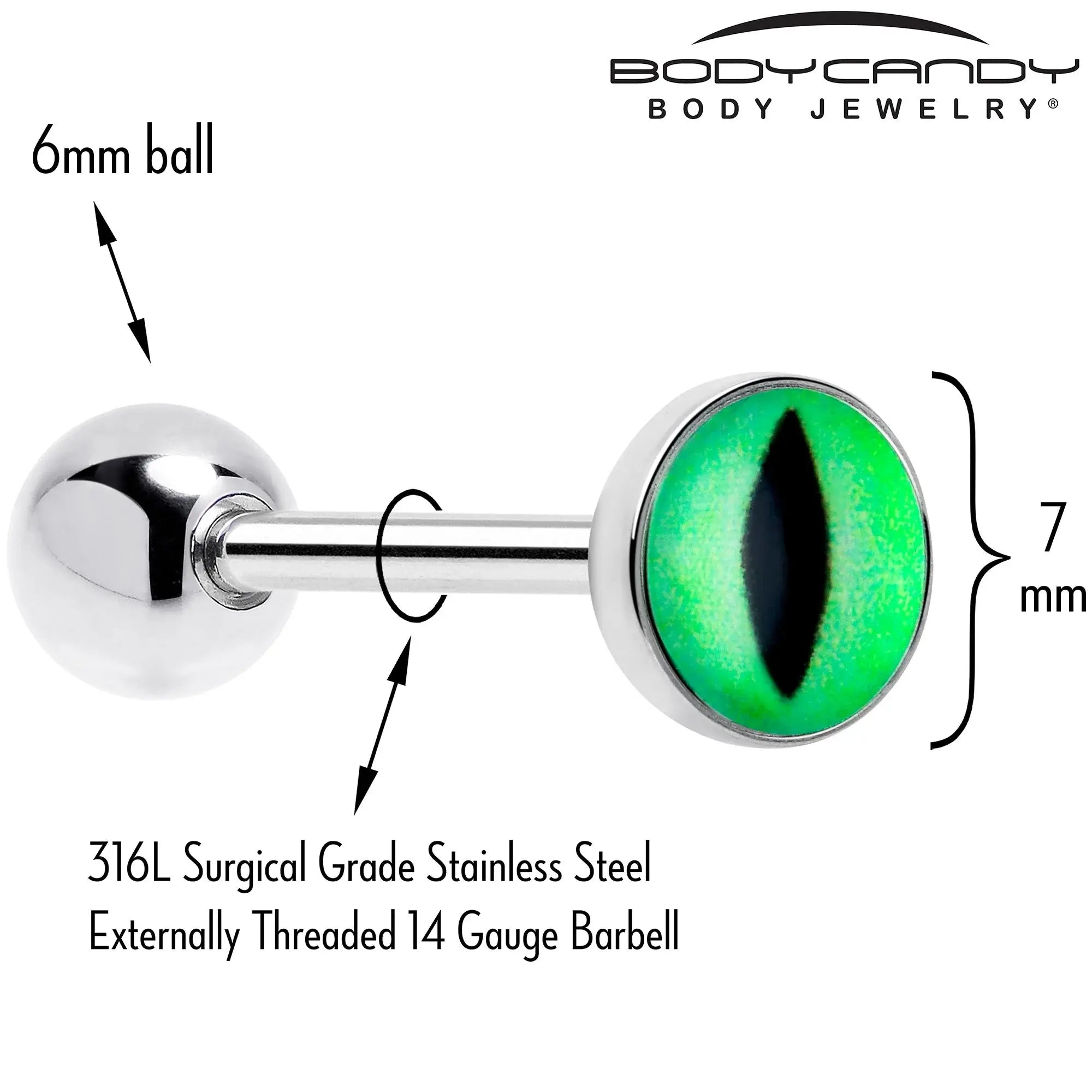 Kitty Green Eye UV Reactive Barbell Tongue Ring - BodyCandy - Flyclothing LLC