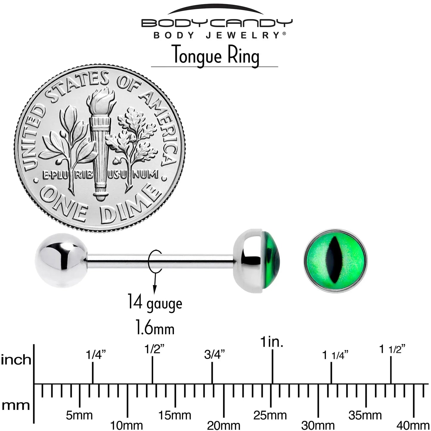 Kitty Green Eye UV Reactive Barbell Tongue Ring - BodyCandy - Flyclothing LLC