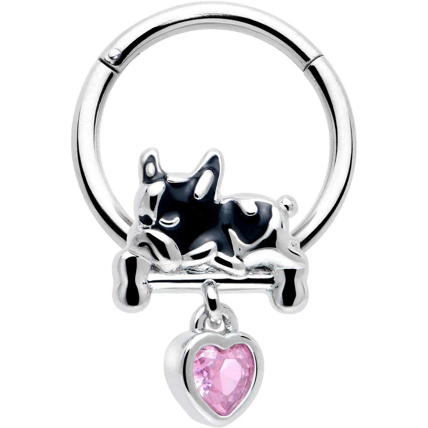 16G 3/8 Pink CZ Gem Sleepy French Bulldog Dangle Hinged Segment Ring - BodyCandy - Flyclothing LLC